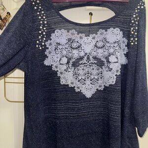 Navy Top with Lace and Stud Details